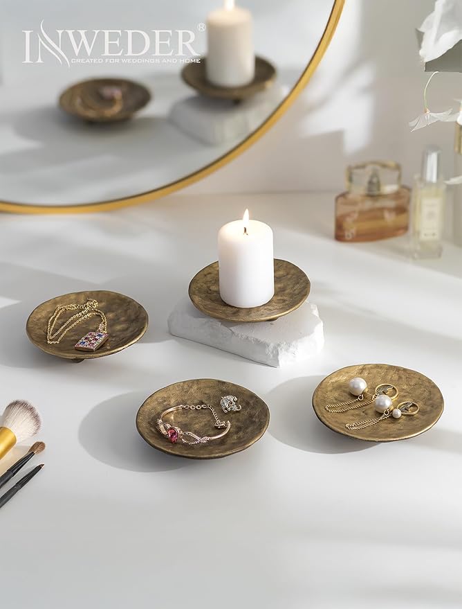 Cast Iron Candle Holder: 4.6 in Pillar Gold Candle Plate Brass Pedestal Stand Vintage Decorative Tray for 3 Wick Jar Candles Tealight Votive for Table Home Christmas Set of 2