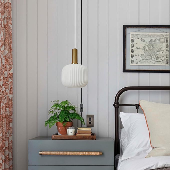 Glass Plug in Pendant Light White Gold Plug in Chandelier Mid Century Modern Hanging Light with Plug in Cord Vintage Hanging Lamps for Bedrooms Living Room Kitchen Island