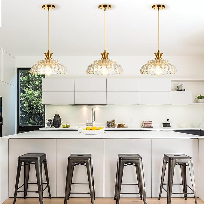 Glass Pendant Lights Kitchen Island, 11.8" Vintage Lighting Glass Light Fixtures Brushed Gold Modern Glass Chandelier Hanging Ceiling for Dining Living Room Restaurant Bedroom Foyer Entryway