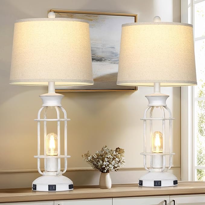 28" Vintage Table Lamps with USB C+A Ports & Outlet, Industrial Farmhouse Table Lamp for Living Room, Rustic Mid Century Modern Bedside Lamps with Nightlight & Beige Fabric Lampshade, Oil-Rubbed White