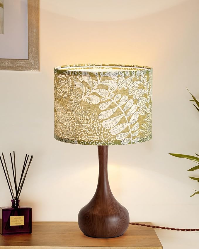 Bedside Nightstand Table Lamp Set of 2 for Bedroom, Vintage Boho Farmhouse Decorative Table Lamp for Living Room with Green Fabric Shade Red Wood Pattern, Desk Lamp for Home Office