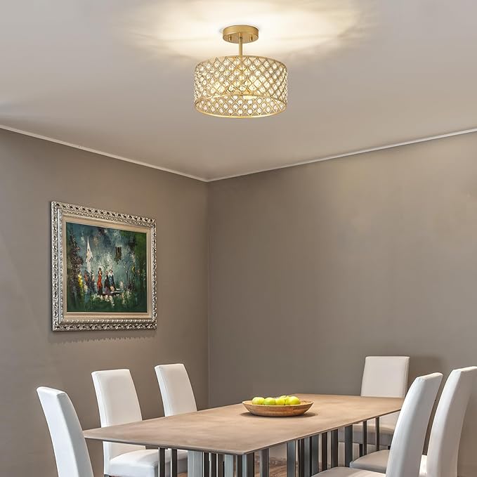 Gold Crystal Ceiling Light Fixture,Modern Semi Flush Mount Ceiling Lighting Fixture,Round Small Chandelier for Dining Room, Hallway, Entryway, Kitchen, Bedroom,Foyer,3 Light,12 inch