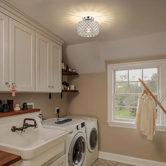 Chrome Crystal Ceiling Light Fixture,Modern Semi Flush Mount Ceiling Lighting Fixture,Round Small Chandelier for Hallway, Entryway, Laundry Room, Kitchen, Bedroom, Foyer, Bathroom, 1 Light, 9 inch