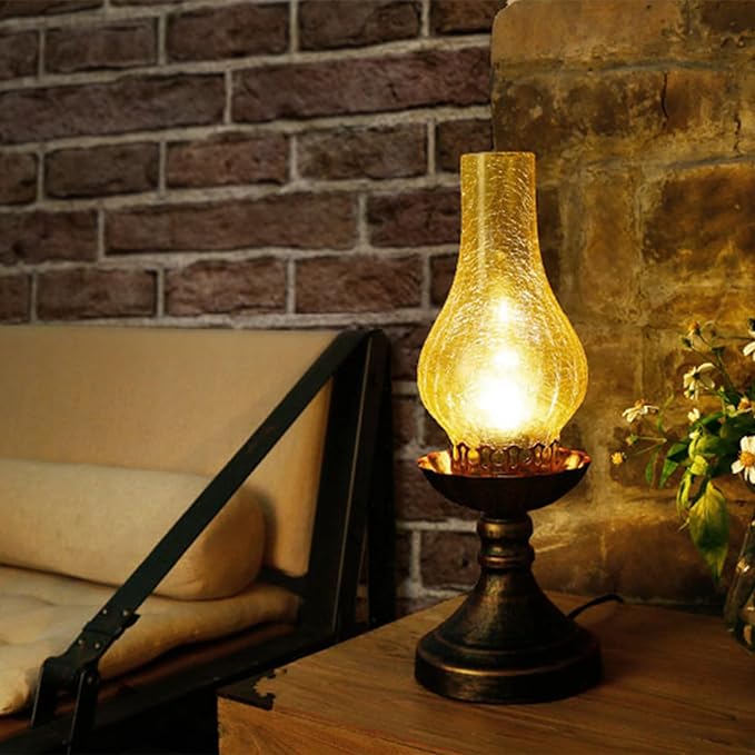 Moroccan Lanterns Vintage Antique Bedside Table Lamp,Victorian Retro Hurricane Amber Glass Desk Lamp-Brown Antique Copper