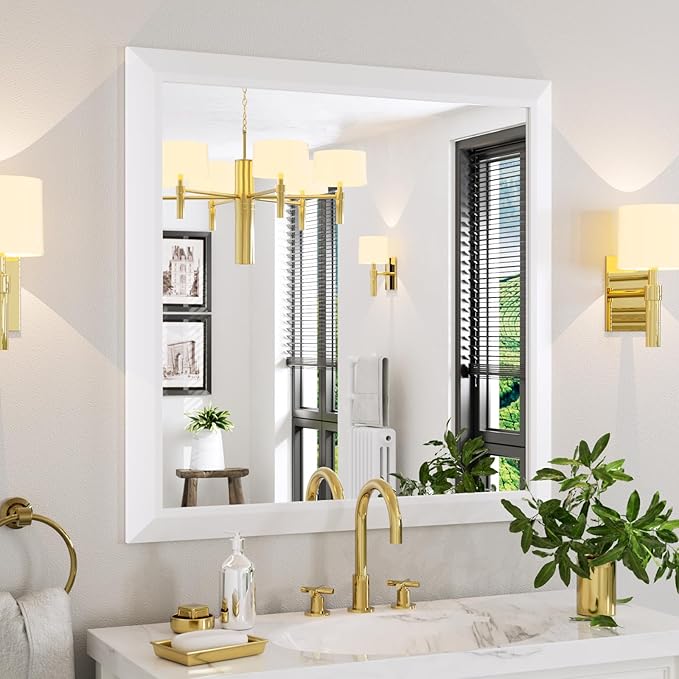 Amorho Bathroom Mirror, 36x36 Inch White Thick Metal Framed Wall Mirrors for Over Sink, Bedroom, Living Room, Entryway, Rectangle Wall-Mounted Mirrors(Horizontal/Vertical).
