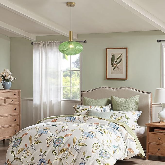 KCO Lighting Modern Gold Pendant Lights Kitchen Island Lighting Large Green Glass Globe Pendant Light Brass Dining Room Hanging Light Fixture Vintage Ribbed Ceiling Light