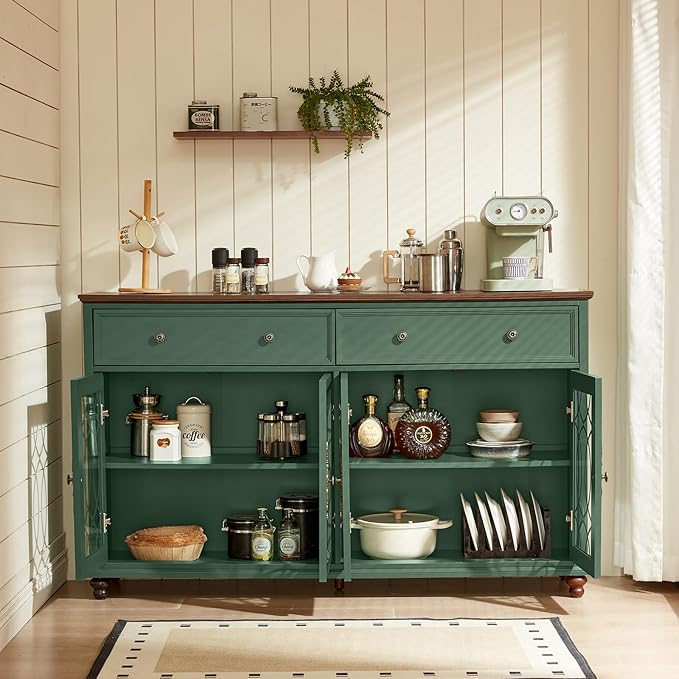 Large Sideboard Buffet Cabinet Set of 2 with Storage,59" Credenza with 4 Glass Doors & 2 Drawers,Adjustable Shelves Coffee Bar,Wood Kitchen Console Table for Dining Room,Green