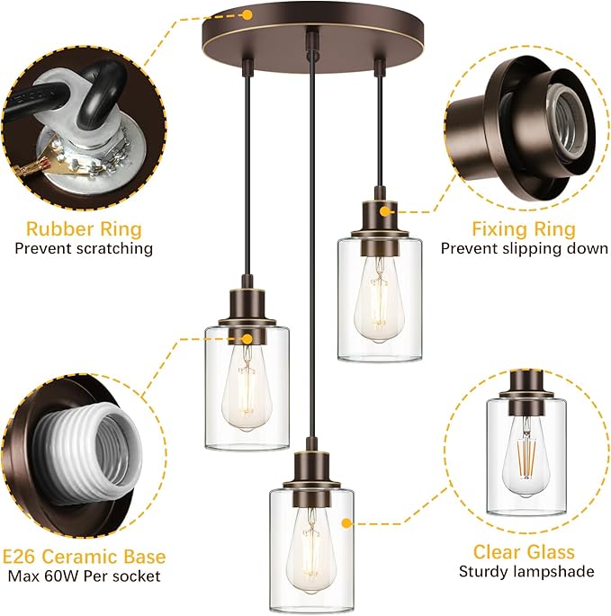 MAXvolador Industrial 3-Light Pendant Light, Adjustable Hanging Light Fixture with Clear Glass Shade, Pendant Lighting E26 Base Ceiling Lamp, Oil-Rubbed Bronze