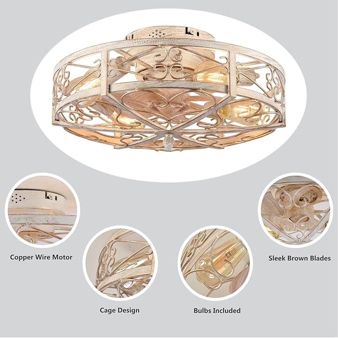 20" Caged Ceiling Fan with Light,Vintage Rustic Farmhouse Kitchen Decor,Bladeless Ceiling Fans with Lights and Remote,Low Profile Fan for Bedroom,Reversible 6 Speeds Motor,4 E26 Bulbs Included