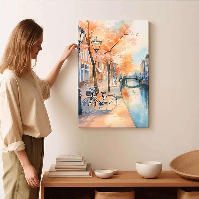 Framed Canvas Prints Amsterdam Canal Bikes Watercolor Painting Netherlands Wall Art Print Amsterdam Cityscape Travel Poster Europe Art Print 20x30in-Framed