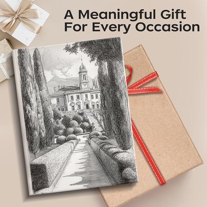 BSMMJJY Architecture Wall Art, black and white villa with cypress alley ink drawing, vintage wall decor, fine wrapped canvas print, architectural poster, for living room office gift, 12x16 inch