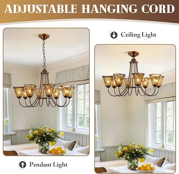 KCO Vintage Floral Chandelier Aged Brass Sputnik Chandelier Large Amber Glass Pendant Light Large Sputnik Staircase Light Fixture 8 Light Gold Chandeliers for Bedrooms Dining Room