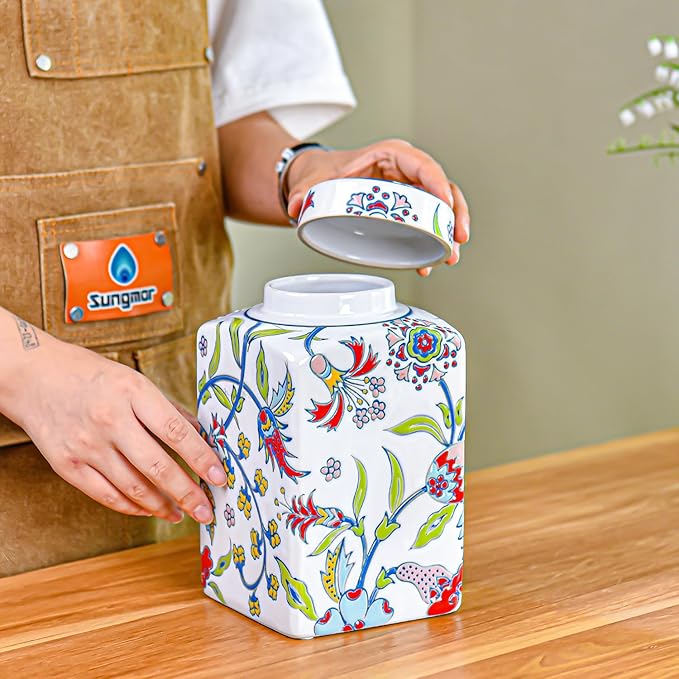 Sungmor Decorative Ceramic Ginger Jar with Lid, Square Ceramic Storage Jar Tea Canister, 8.2" Hand Painted Floral Pattern Porcelain Vase for Table Centerpiece, White Glazed Ginger Jar for Home Decor