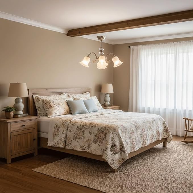 Farmhouse Chandelier, Vintage French Country 3-Light Ceiling Light, Frosted Glass Bell Shades, Crystal Accents, Antique Bronze Metal, Floral Chandelier, Elegant Lamp for Dining Room, Living Room