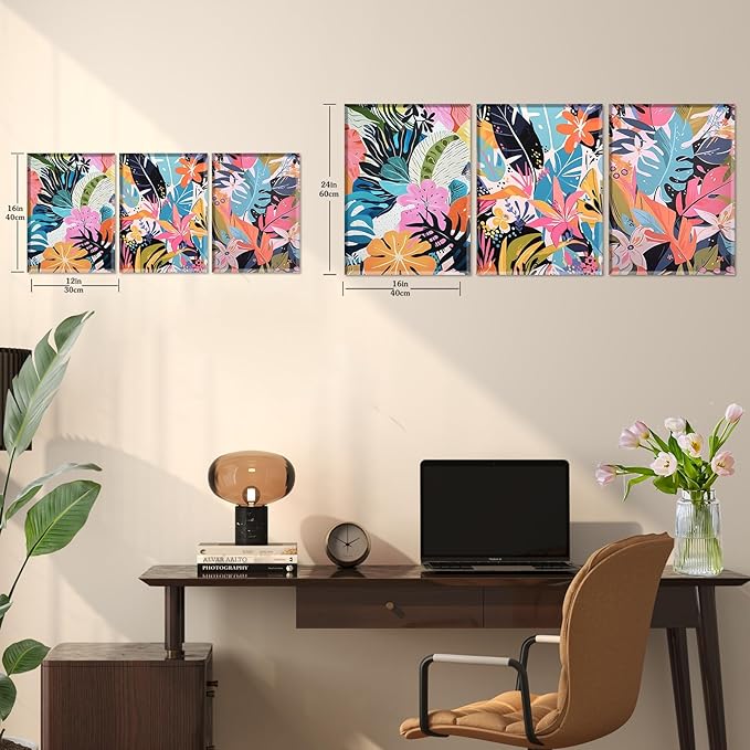 Framed 3Pcs Tropical Floral Wall Art Colorful Canvas Prints with Tropical Plants and Flowers Abstract Blue Botanical Picture Painting Wall Decor for Living Room Bathroom Gallery Office 12"x16"