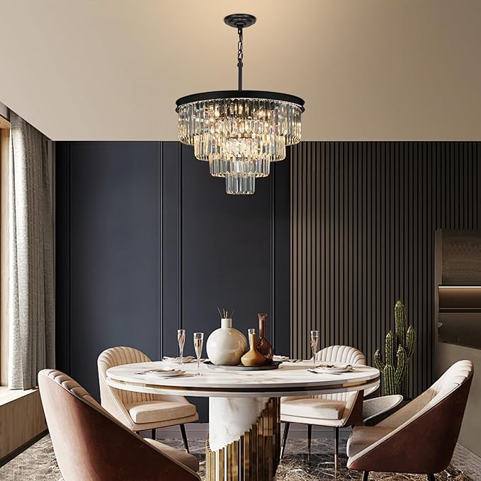 Crystal Chandeliers for Dining Room Lights Fixture Over Table, 15 Lights Black Modern Chandeliers for Living Room, 4-Tier Round Crystal Lighting Fixtures for Bedroom Entryway Kitchen Island D24 Inch