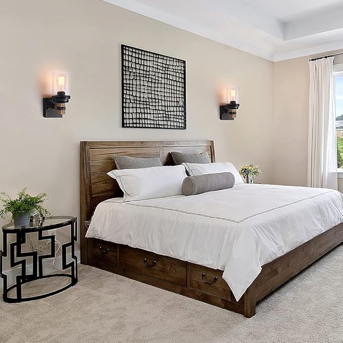 1-Light Rustic Wall Sconces Farmhouse Bathroom Light Fixtures Over Mirror, Handmade Wood Vanity Light Fixtures with Pretty Glass Shade, Wall Sconce for Bathroom Hallway Bedroom