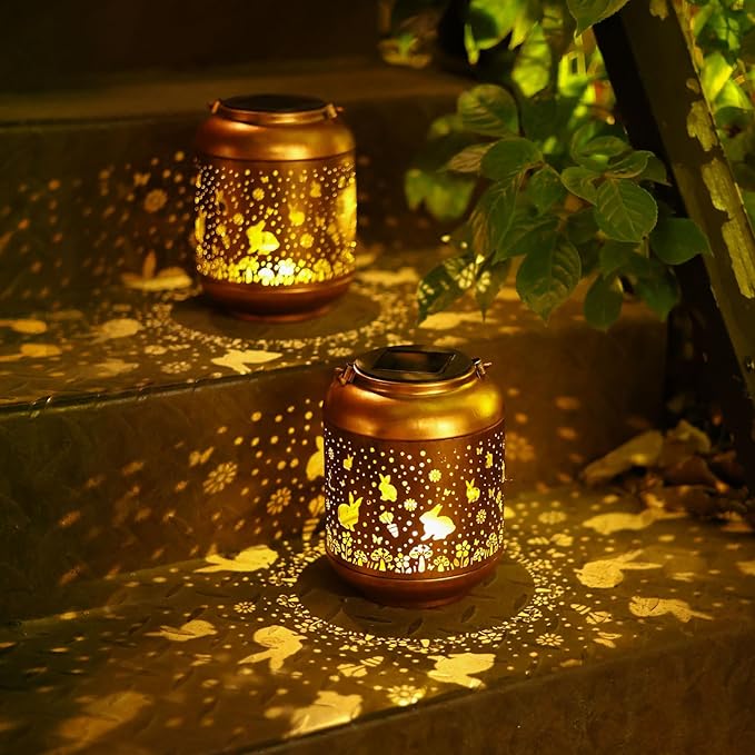 Rabbit Solar Lanterns Outdoor Waterproof,Garden Decor Solar Lights Bunny Gifts for Women Mom Grandma,Metal Outside Decoration Hanging Lantern for Yard,Porch,Patio,Landscape,Backyard,Lawn