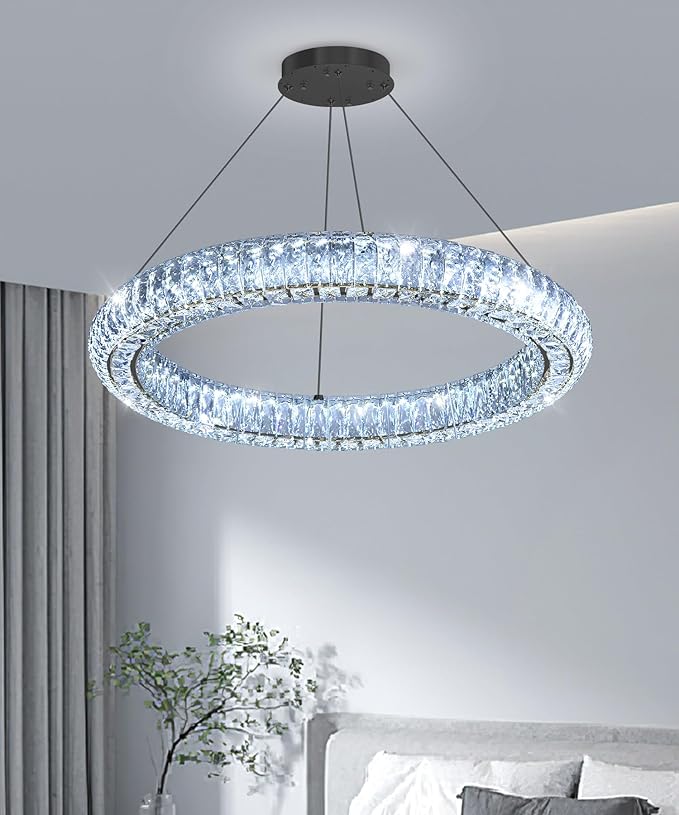 1 Ring Modern Crystal Chandelier Dimmable Ring Pendant Light Round Crystal Chandeliers for Living Room Dining Room Bedroom 23.6'' Black