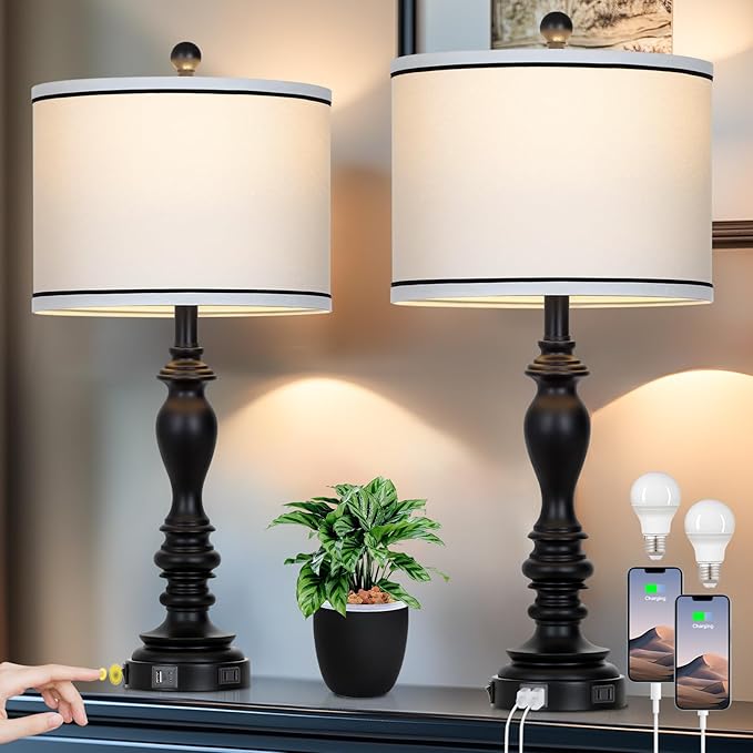 28" Set of 2 Farmhouse Table Lamps for Living room, Bedside Lamp with USB C+A Ports & AC Outlets, Black Vintage End Table Lamps for Bedrooms, Nightstand Lamps Fabric Shades Rustic 2 LED Bulbs Included