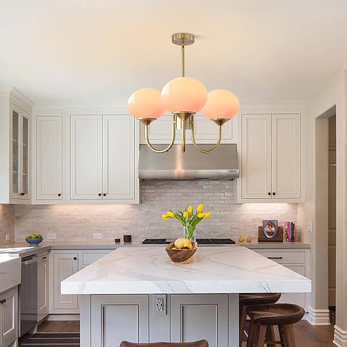 Pink Globe Chandelier for Girls Room Mid Century Modern 3 Light Pendant Lights Vintage Gold Semi Flush Dining Room Light Fixture Retro Pink Ceiling Lamp