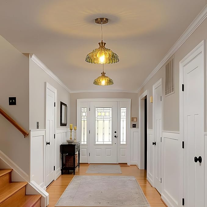 2Pack Glass Pendant Lights, 11.8" Vintage Lighting Green Glass Light Fixtures Brushed Gold Modern Green Chandelier Hanging Ceiling for Kitchen Island Dining Room Restaurant Foyer Entryway