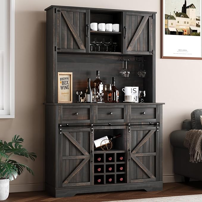 4 EVER WINNER 72" Coffee Bar Cabinet with Sliding Barn Door & Wine Racks, Hutch Cabinet with Storage and 3 Drawers, Farmhouse Coffee Bar with Wine Glass Holder for Dining Room Kitchen, Rustic Oak