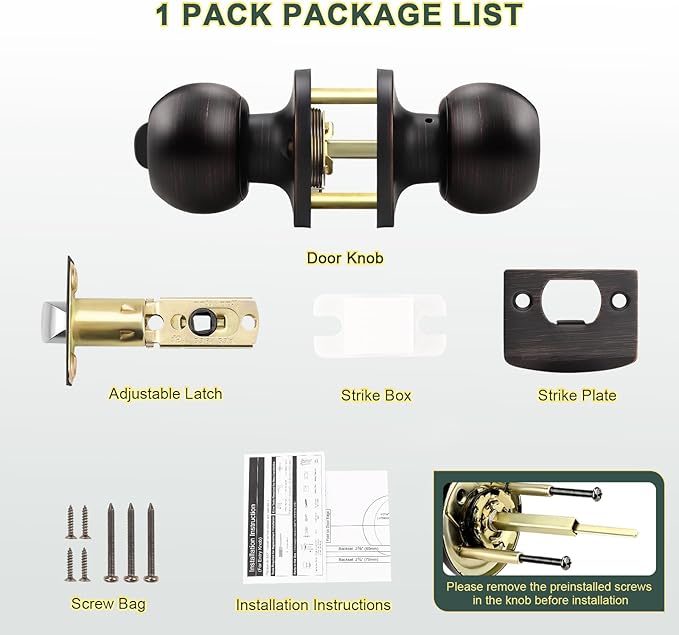 1 Pack Door Knobs Interior, Keyless Antique Door Knobs for Bathroom and Bedroom, Oil Rubbed Bronze Door Knob, Vintage Round Ball Design and Durable Finish