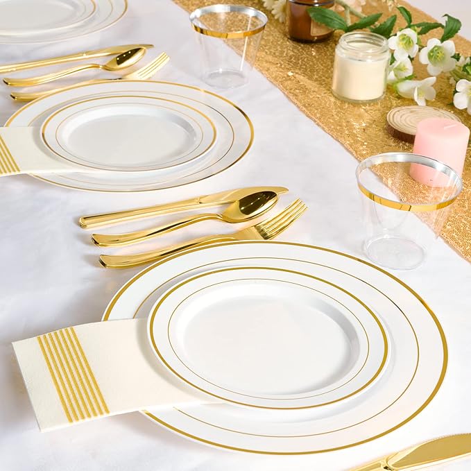 FOCUSLINE Gold Plastic Plates Set of 60, Disposable Plates with Gold Rim 30 Dinner Plates 10" and 30 Salad Dessert Appetizer Plate 7", Elegant Fancy Heavy Duty Wedding Party Plates