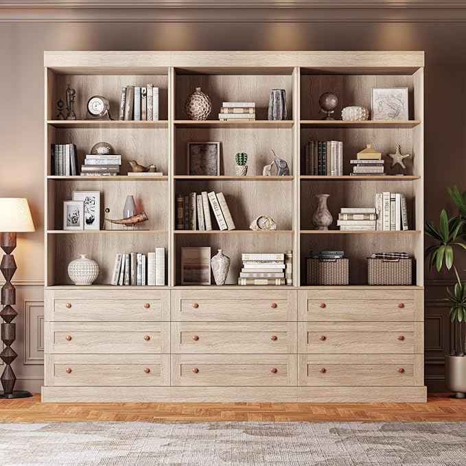 Vyre 71" Tall Farmhouse Bookshelves with Drawers, Set of 4 – Large Modular Bookcase with Adjustable Shelves, Storage Cabinet for Living Room, Kitchen, Home Office, Brown