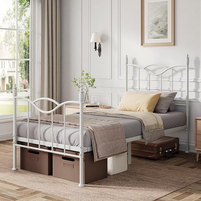 Twin Size Bed Frame with Headboard,14 Inch Tall Metal Platform Bed Frame Mattress Foundation with Footboard, Under Bed Storage, Strong Metal Slats Support, No Box Spring Needed, White