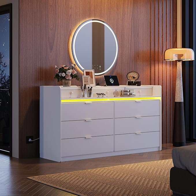 WLIVE 9 Drawer Led Dresser for Bedroom, 58.35'' White Wood Dresser Storage Organizer with Power Outlets for 65'' TV, Dressers with Open Shelves, Chest of Drawers for Closet, Living Room