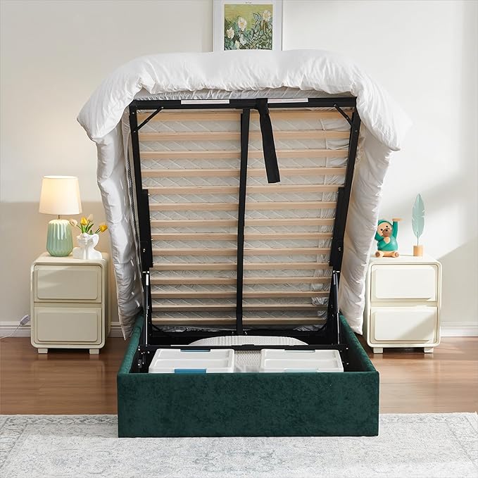 YUHUASHI Queen Size Hydraulic Storage Bed, Upholstered Platform Bed Frame, Modern Wingback Design Headboard, Velvet Fabric with Hydraulic Support Bars, No Box Spring Required (Ink Green, Twin)