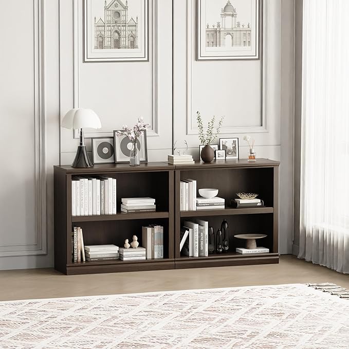 blini 2-Shelf Bookcase Wooden Bookshelves 33in Wide Floor Standing Display Storage Shelves Oak Bookcase for Home Office, Living Room, Bed Room