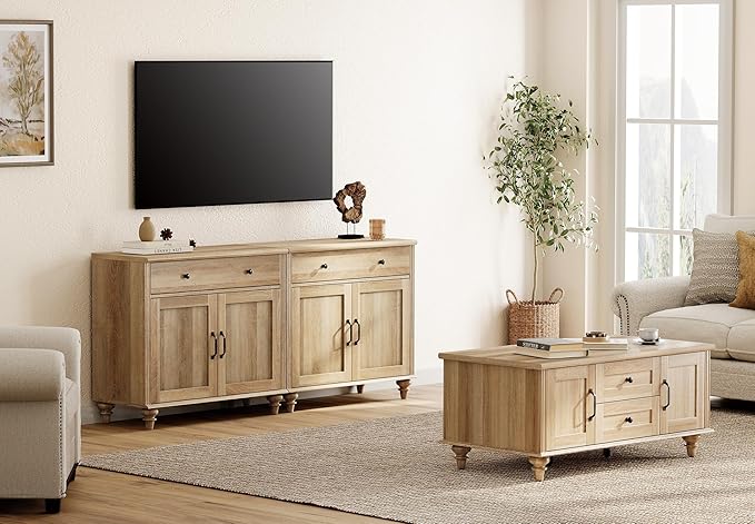 WAMPAT Farmhouse TV Stand for 75 inch TV with 4 Doors and 2 Drawers, Wood Universal TV Stand with Storage Cabinets, Oak Entertainment Center TV Console Table for Living Room, Bedroom