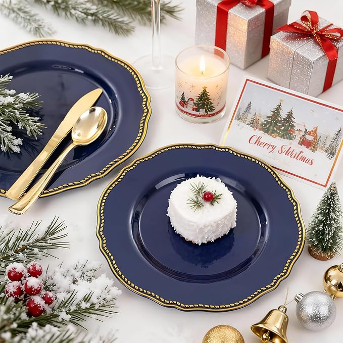 Hioasis 60pcs Blue Plastic Plates - Blue and Gold Disposable Dinnerware with Gold Rim, Heavy-duty, 10.25 inch, Dinner Plates for Party & Wedding