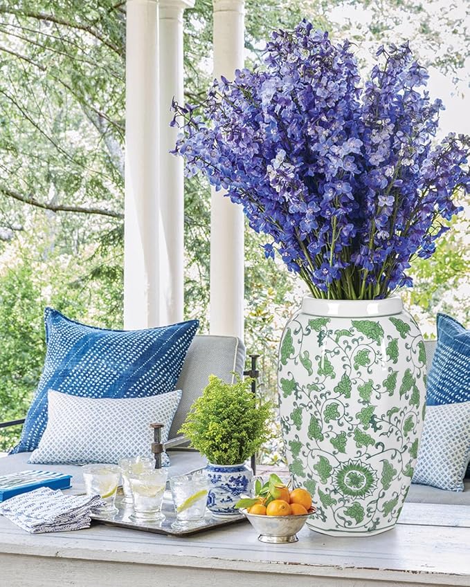 Green Vase 8.5 Inch Traditional Chinoiserie Floral Vase Porcelain Ginger Jar Octagonal Vases Blue and White Porcelain Decor for Home, Living Room, Kitchen, Mantel, Shelf, Table