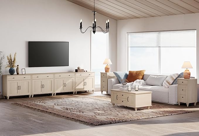 WAMPAT Farmhouse TV Stand for 85 inch TV with 8 Doors and 4 Drawers, Wood Universal TV Stand with Large Storage Cabinets, Beige Entertainment Center TV Console Table for Living Room, Bedroom