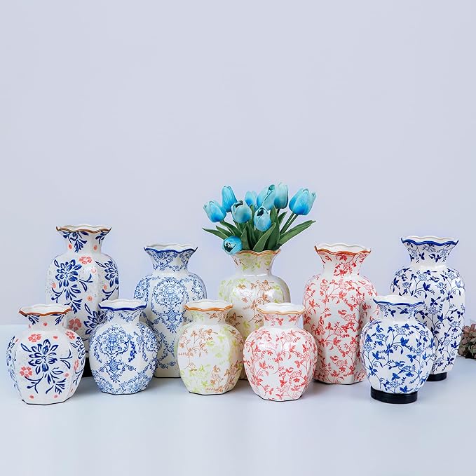 Gold Rim Ceramic vase, Chinoiserie Blue, Pink Flower vase, Elegant Console Table Decor for entryway, Luxury, Wedding Gift (Large, Qinghongmei)