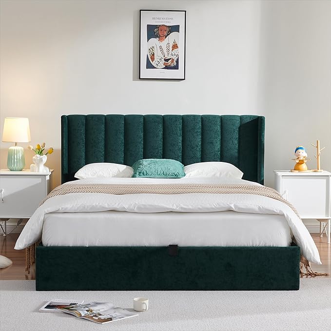 YUHUASHI Queen Size Hydraulic Storage Bed, Upholstered Platform Bed Frame, Modern Wingback Design Headboard, Velvet Fabric with Hydraulic Support Bars, No Box Spring Required (Ink Green, Full)