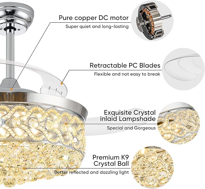 48“ Crystal Fandelier Ceiling Fan with Light, Retractable Ceiling Fans Chandelier Fan with Retractable Blades LED Dimmable Crystal Ceiling Fan Chandelier Fans for Bedroom Living Room-Chrome
