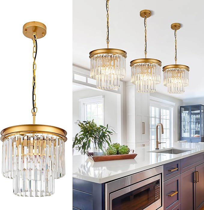 11.8" Gold Crystal Pendant Light, Modern 3-Light Chandelier, 2-Tier Luxury Crystal Hanging Ceiling Light Fixture for Hallway Dining Room Living Room Bedroom Kitchen Island 1-Pack