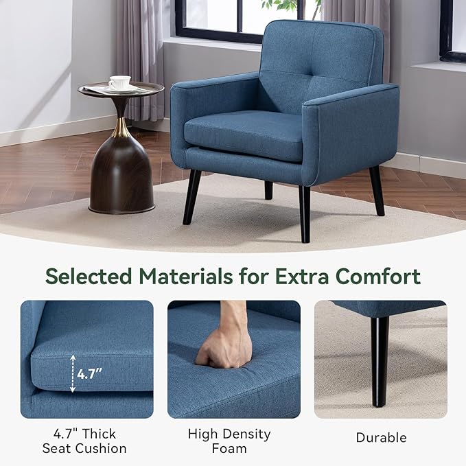 Mid Century Accent Chair, Fabric Modern Chair with Wooden Frame, Cozy Armchair Reading Chair with Comfy Back for Apartment, Living Room, Bedroom, Waiting Room, Small Space, Corner, Blue