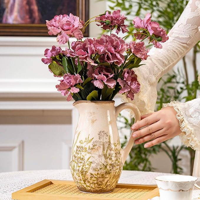 Vintage Green and Beige Ceramic Pitcher Vase with Handle, Farmhouse Floral Decorative Vase, Rustic Table Centerpiece for Home Decor, Living Room, French Country Grand Millennial Decor 8.7 in