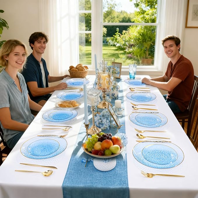 Rubtlamp 150Pcs Blue Christmas Plastic Plates, Gold Plastic Dinnerware Set For 30 Guest, Hammered Heavy Duty Plates with Gold Rim Include 30Dinner Platos, 30Salad Platos,90 Cutlery For Christmas