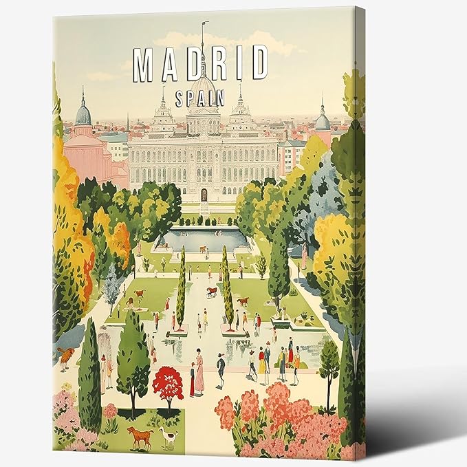 Viokalt Vintage Madrid Scenery Wall Art Funky Spain City Landscape Canvas Posters Funky European Royal Palace Building Travel Prints Painting For Living Room Bedroom Wall Decor 12x16in Framed