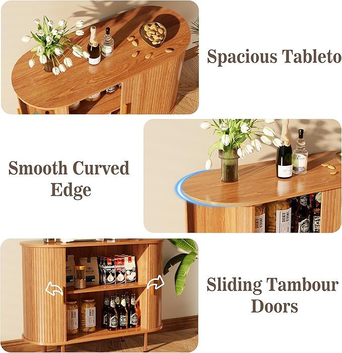 DHH Sideboard Buffet Cabinet with Storage Fluted with Tambour Sliding Doors& Adjustable Shelf, Accent Coffee Bar Console Table for Kitchen, Living Room, Entryway (Yellow Walnut, 40 inch)