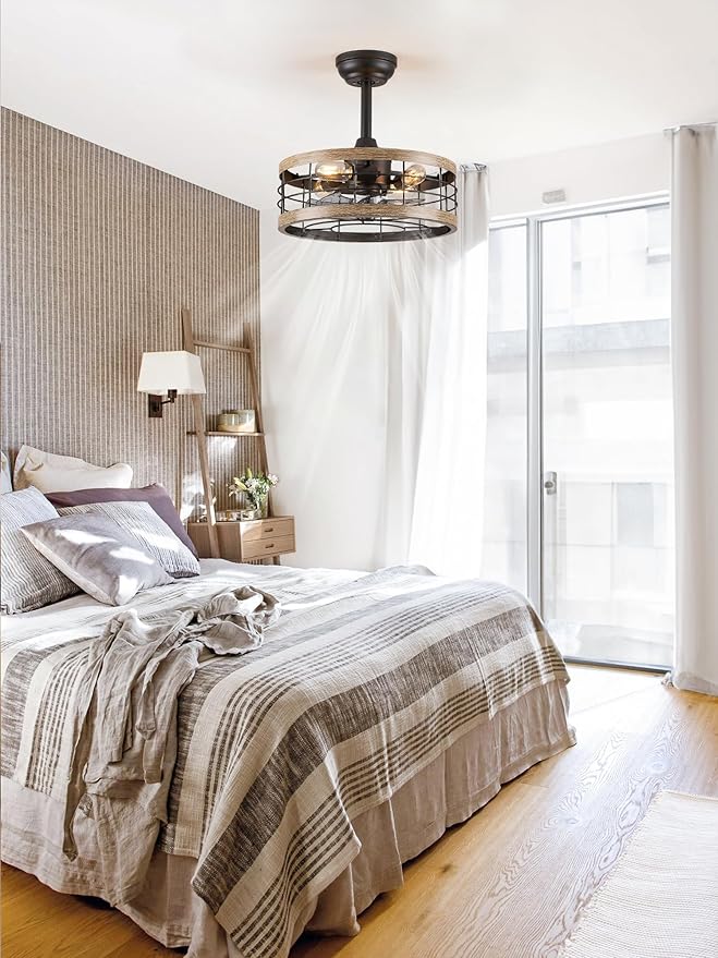 LEDIARY 16.5in Caged Ceiling Fan with Light, Fandelier Industrial Ceiling Fan with Remote, Rustic Metal Fan Lights Ceiling Fixtures for Kitchen, Farmhouse, Bedroom(6 Speed,1/2/4/8h Timing)-Brown