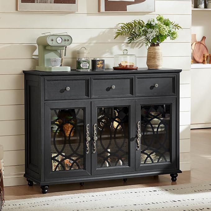 Farmhouse Sideboard Buffet Cabinet Set of 2 with Storage,48" Large Credenza with 3 Glass Doors & 3 Drawers,Adjustable Shelves Console Table,Wood Kitchen Coffee Bar for Dining Room,Black