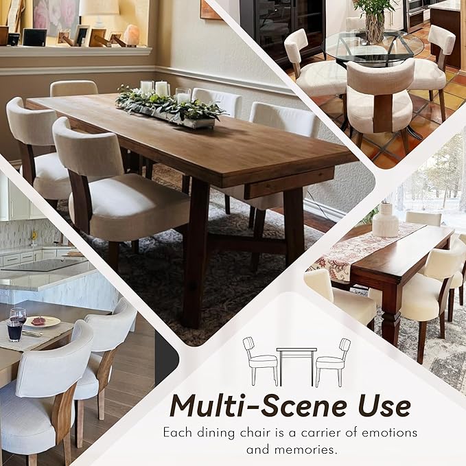 FOXHUNTER Upholstered Dining Chairs Set of 2, Modern Wooden Armless Kitchen Chairs with Curved Backrest, Mid-Century Farmhouse Dining Side Chairs, Linen Beige